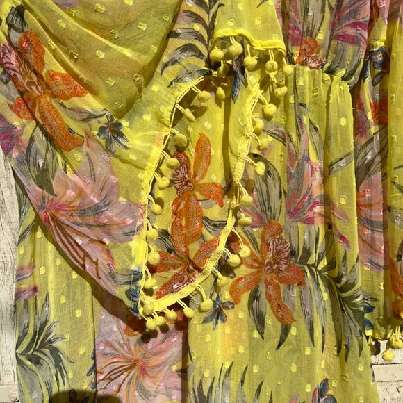 NWOT Beach Cover-Up Dress Sheer Yellow Tropical Floral with Pom-Pom Trim, Size M - Picture 9 of 9